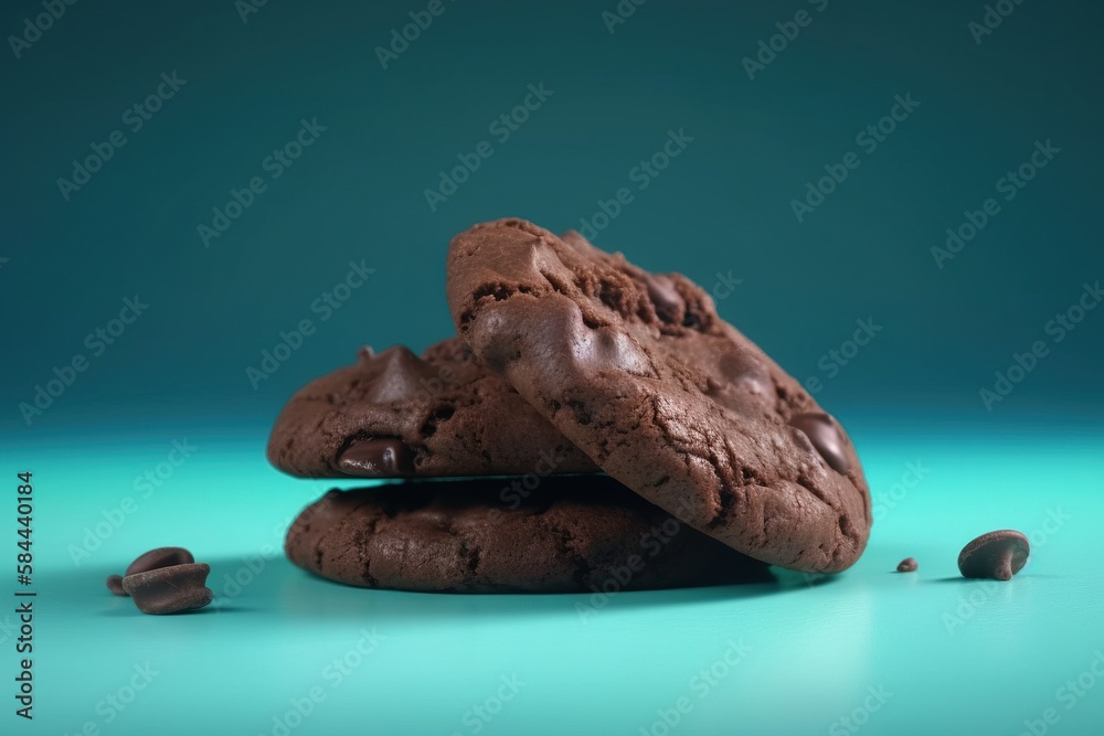  two chocolate cookies are stacked on top of each other on a blue surface with chocolate chips scatt