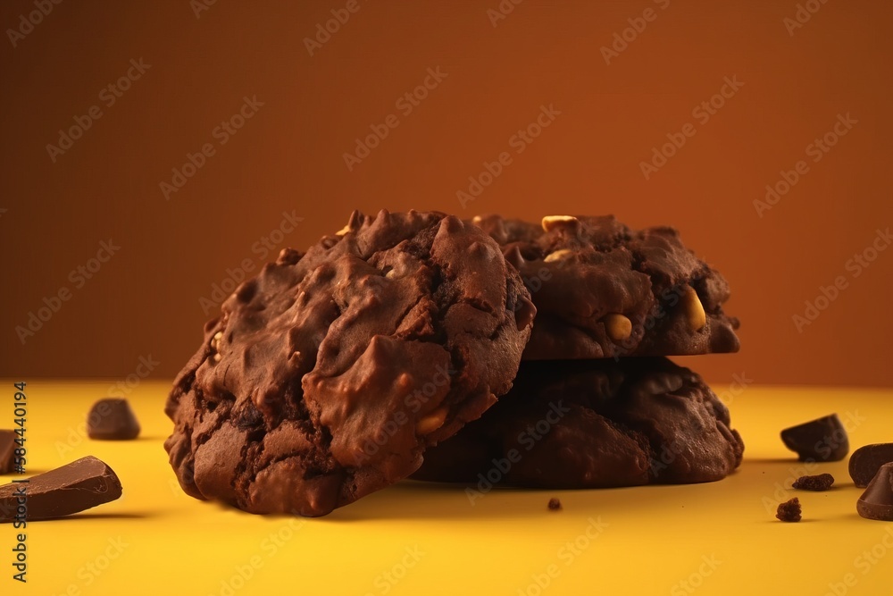  two chocolate cookies are stacked on top of each other on a yellow surface with chocolate chips sca