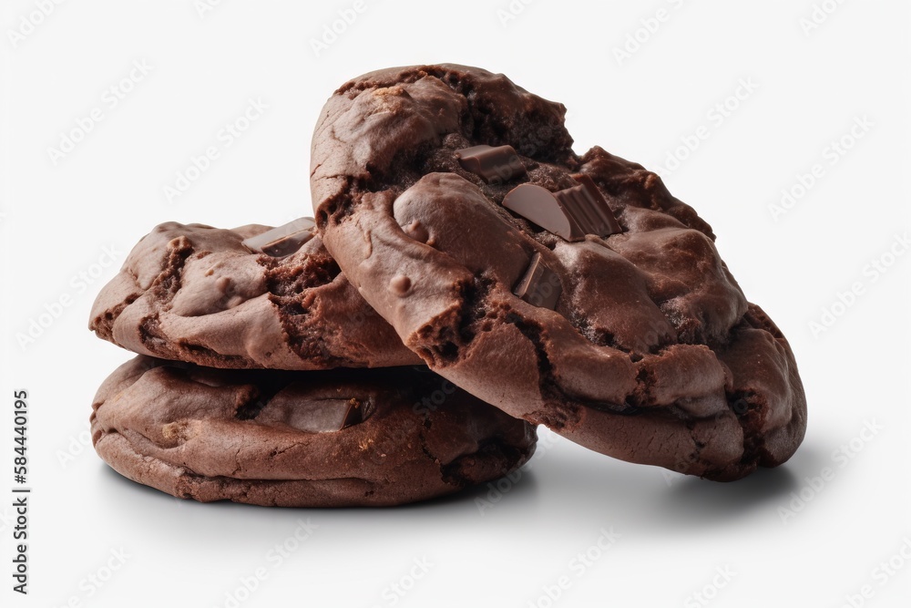  a pile of chocolate cookies on a white background with a bite taken out of one of the cookies and t