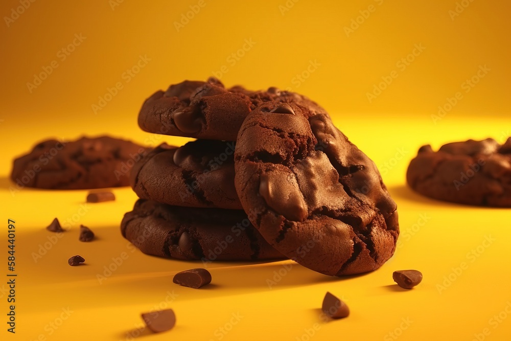  a pile of chocolate cookies sitting on top of a yellow table top next to a pile of chocolate chips 