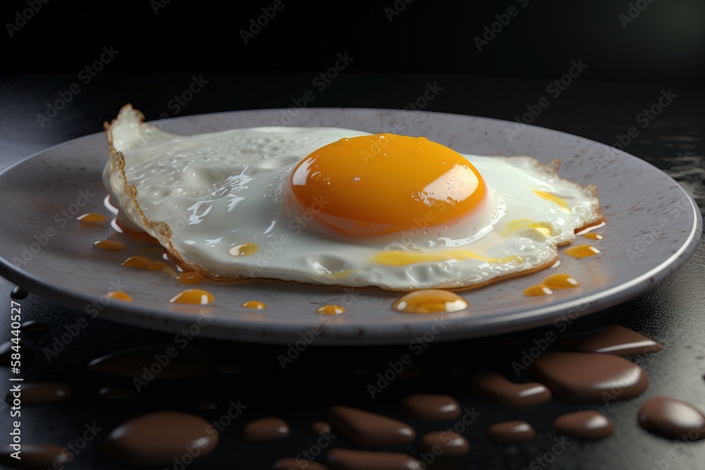  a fried egg is on a plate with chocolates on the table in the backgroung of the plate is a chocolat