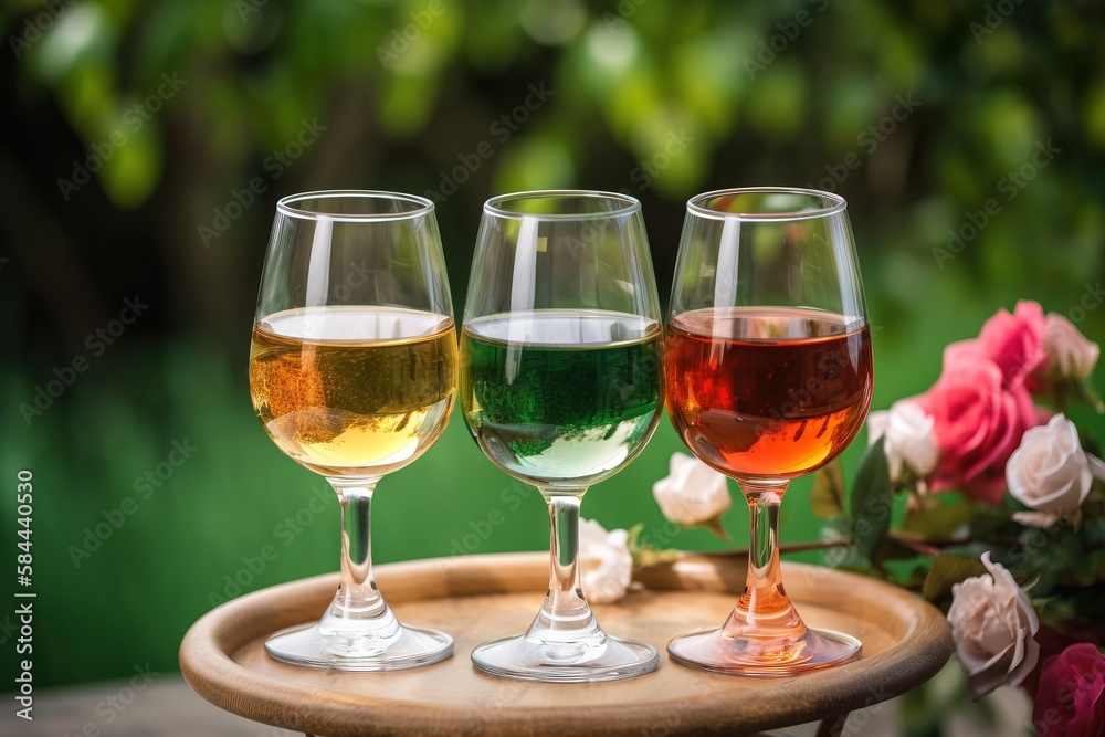  three glasses of wine are sitting on a tray on a table with flowers in the background and a bouquet