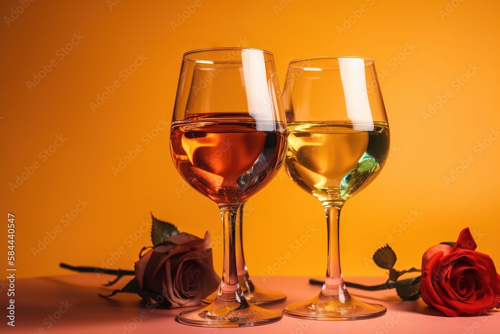  two glasses of wine and a rose on a pink tablecloth with a yellow background and a red rose on the 