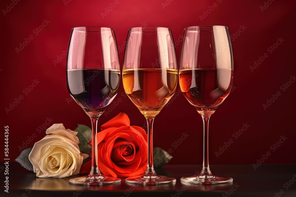  three glasses of wine and a rose on a table with a red wall in the background and a red rose in the