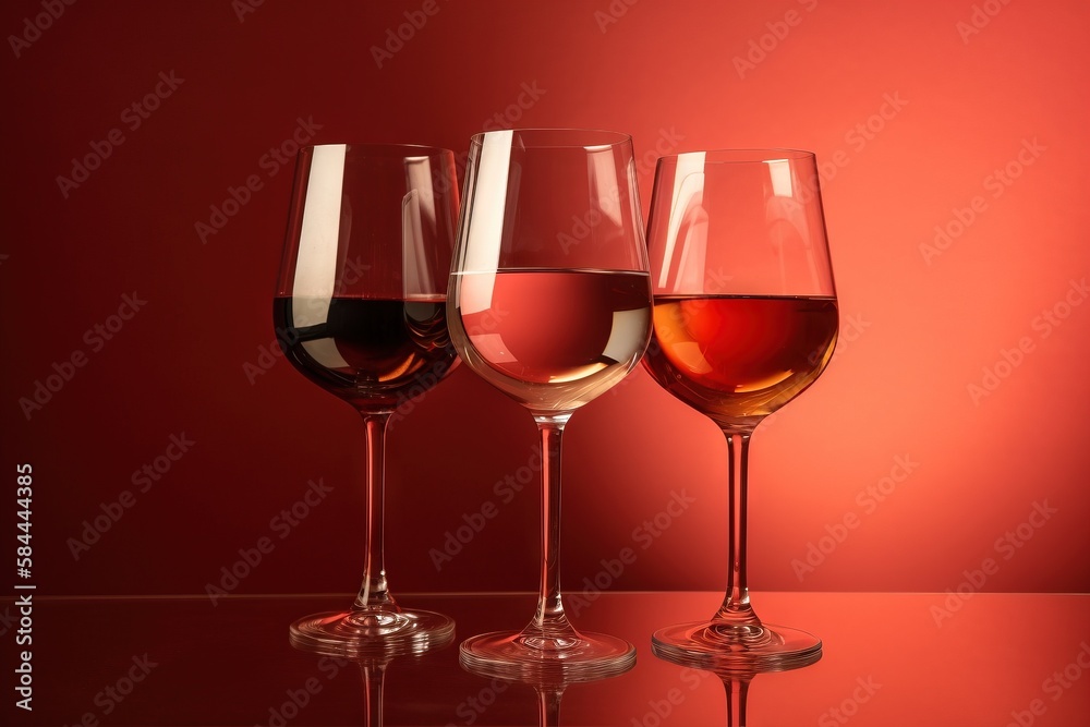  three glasses of wine are sitting on a table with a red wall in the back ground and a red wall in t