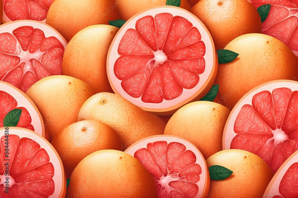  a group of grapefruits and oranges with green leaves on top of each of the grapefruits and one of t