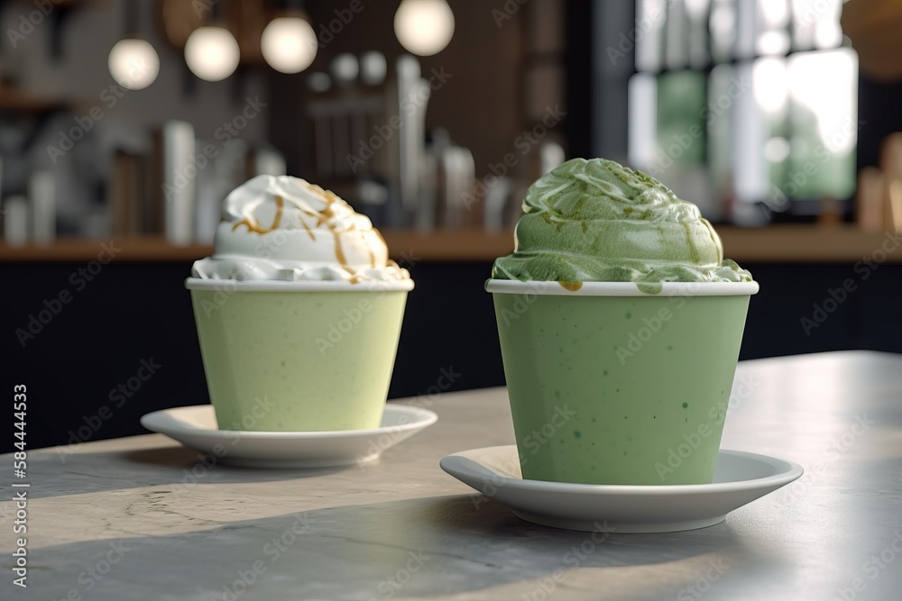  two cups of ice cream sitting on a table in front of a counter top with a spoon in one of the cups 