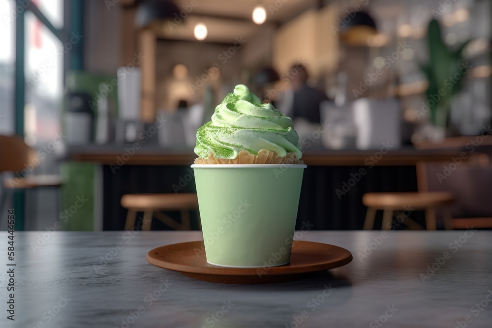  a cup of green frosted cupcake on a wooden plate on a table in a restaurant with a blurry backgroun