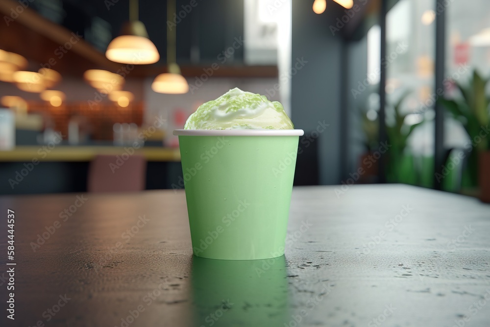  a cup of ice cream sitting on a table in a restaurant or bar with a plant in the corner of the tabl