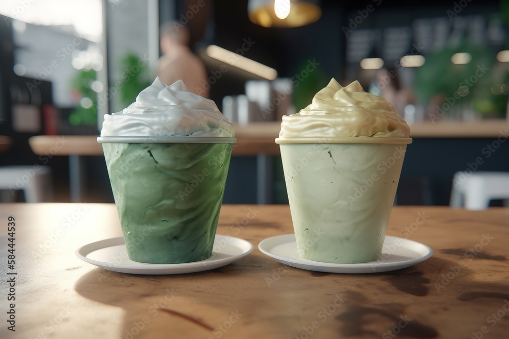  a couple of cups that are sitting on a wooden table with a person in the back ground behind them an