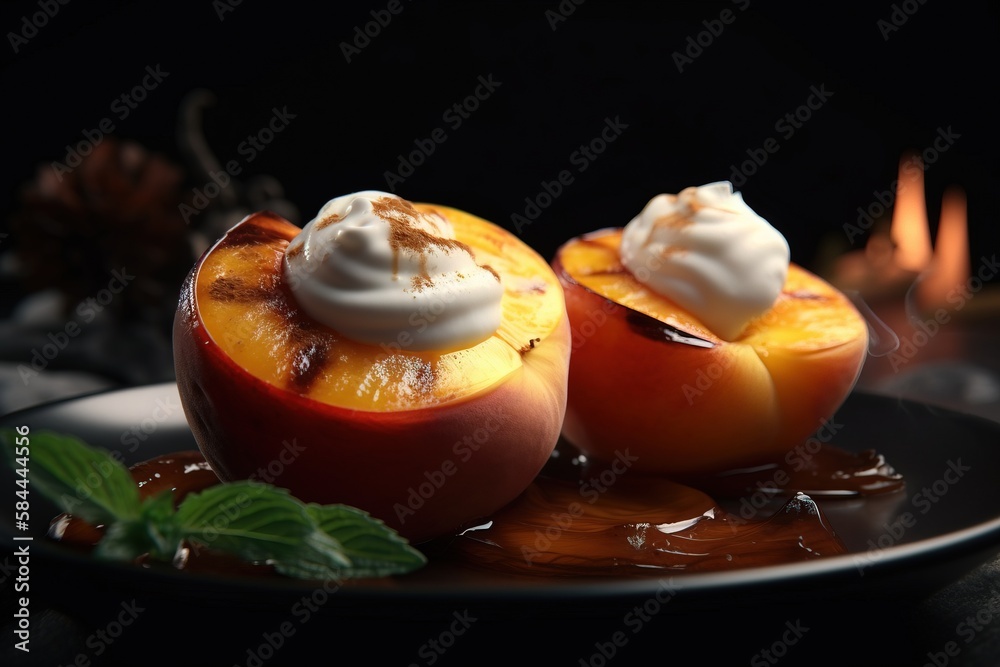  two peaches with whipped cream on top of them on a plate next to a candle and a leaf on a tableclot