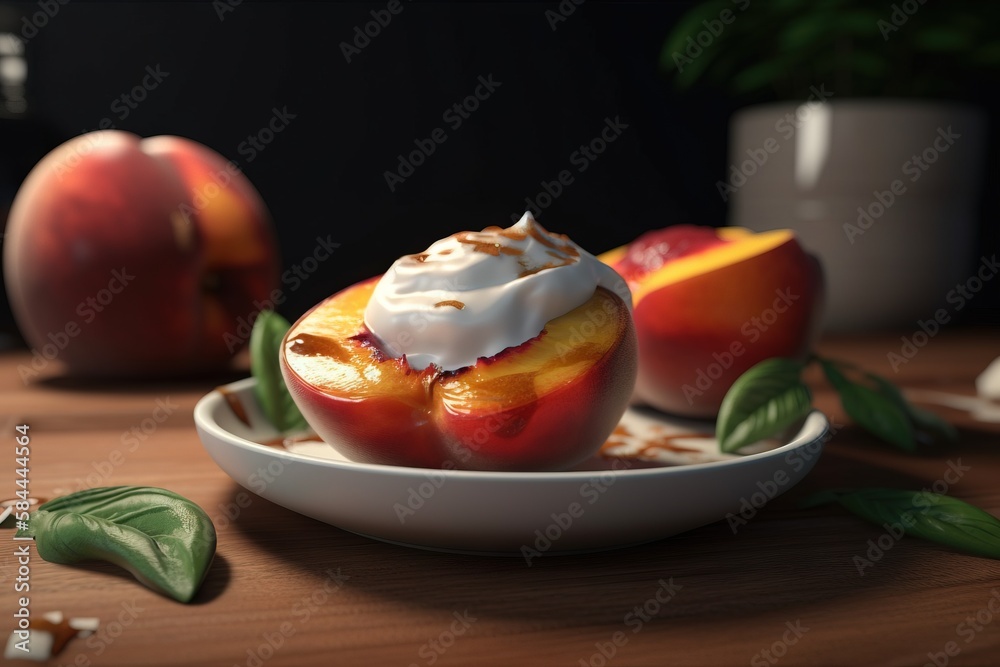  a plate of fruit with whipped cream on top of it and two peaches on the side of the plate on a tabl