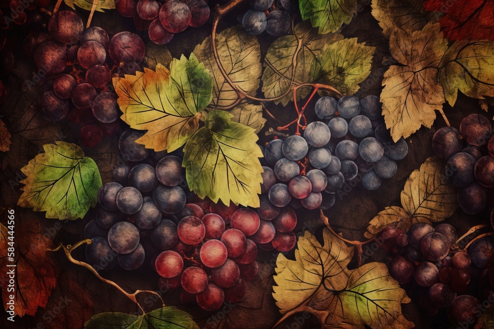  a painting of a bunch of grapes and leaves on a table top with leaves on it and a red wine glass in