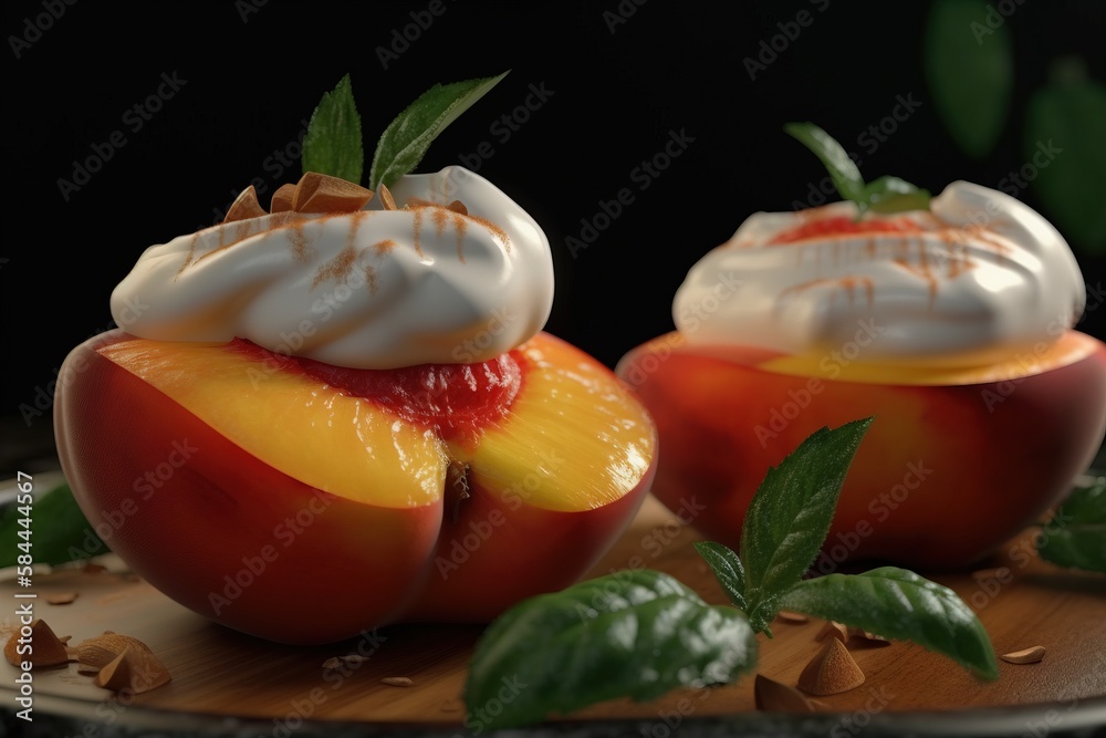  two pieces of fruit with whipped cream on them on a wooden plate with leaves and leaves around them