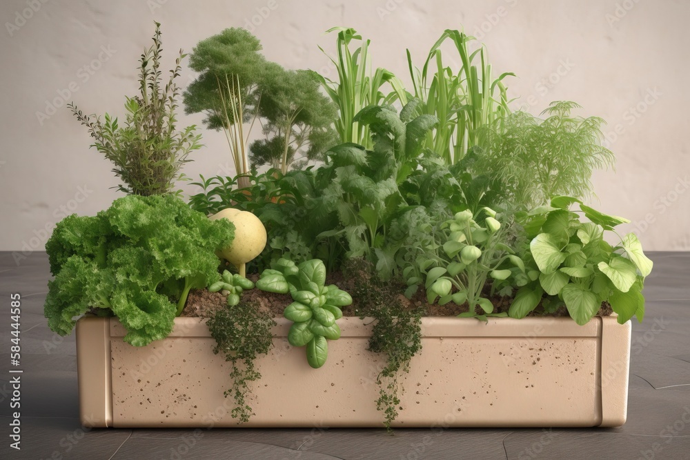  a planter filled with lots of different types of plants and vegetables on a wooden table next to a 