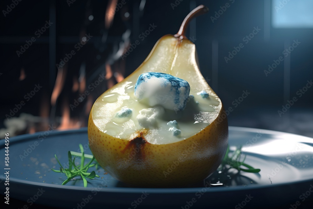  a pear with some ice cream on top of it on a blue plate with a green sprig on the side of the plate