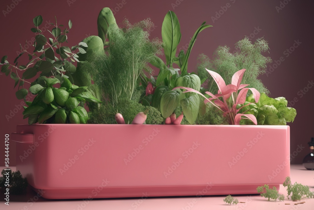  a pink planter filled with lots of green and pink flowers and plants next to a bottle of wine and a