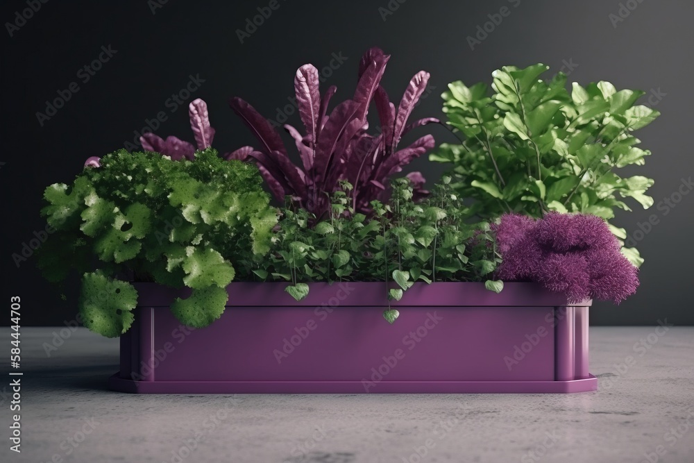  a purple planter filled with lots of green plants on top of a counter top next to a purple planter 