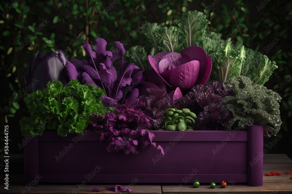  a purple planter filled with lots of green and purple flowers and vegetables on a wooden table in f