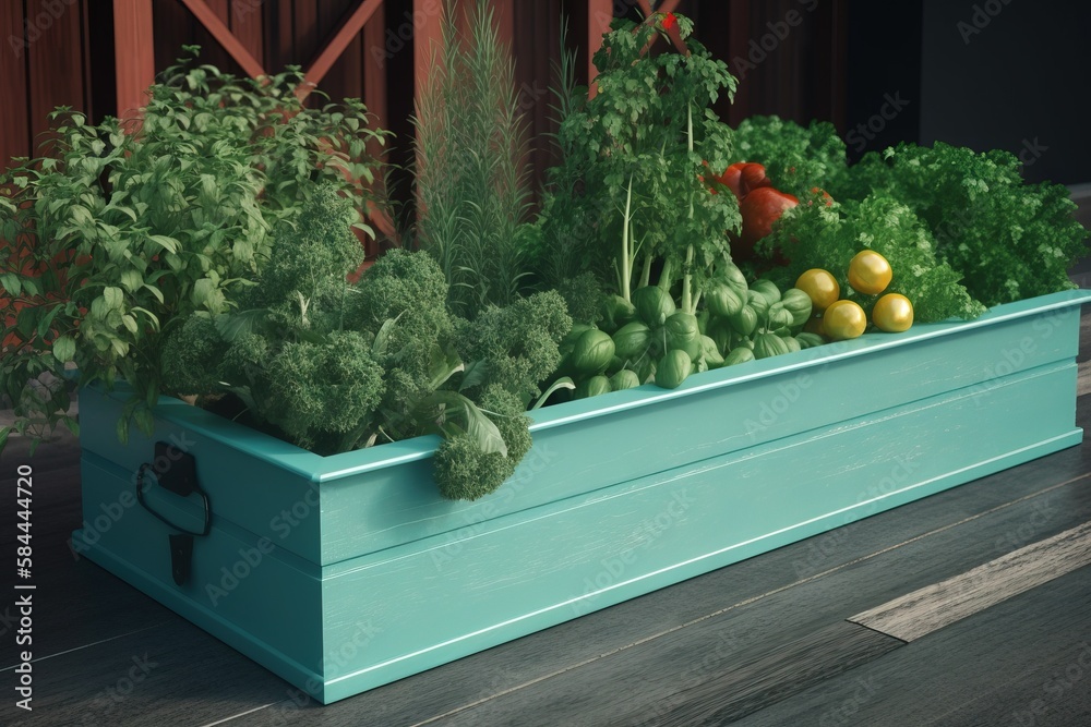  a blue planter filled with lots of green plants and vegetables on a wooden floor next to a wooden f