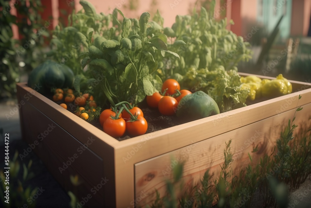  a wooden planter filled with lots of different types of fruits and veggies on top of a wooden table