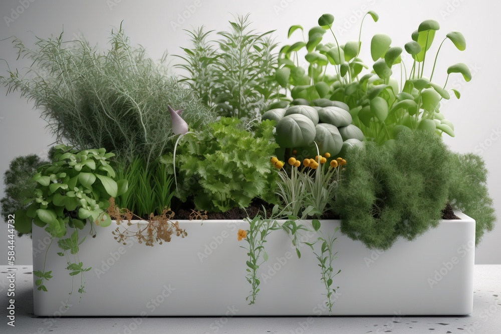  a white planter filled with lots of different types of plants and plants growing in its sides and 