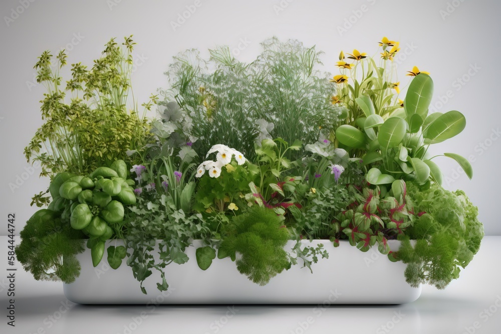  a white planter filled with lots of different types of flowers and plants next to each other on a w