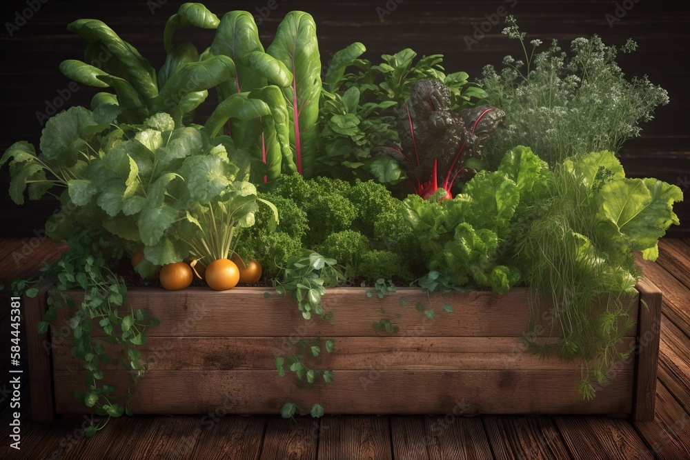  a wooden box filled with lots of different types of vegetables on a wooden table next to a wooden w