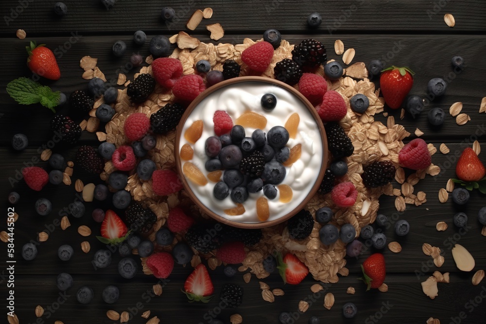  a bowl of yogurt with berries and granola on a wooden table with nuts and strawberries around the b