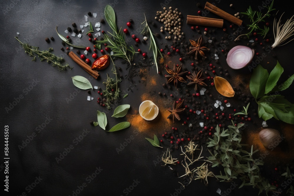  a table topped with spices and herbs on top of a black table top next to a cup of coffee and a spoo