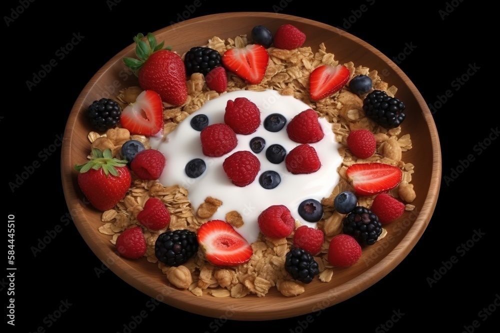  a bowl filled with granola, berries, and yogurt on top of a black tablecloth with a spoon in the bo