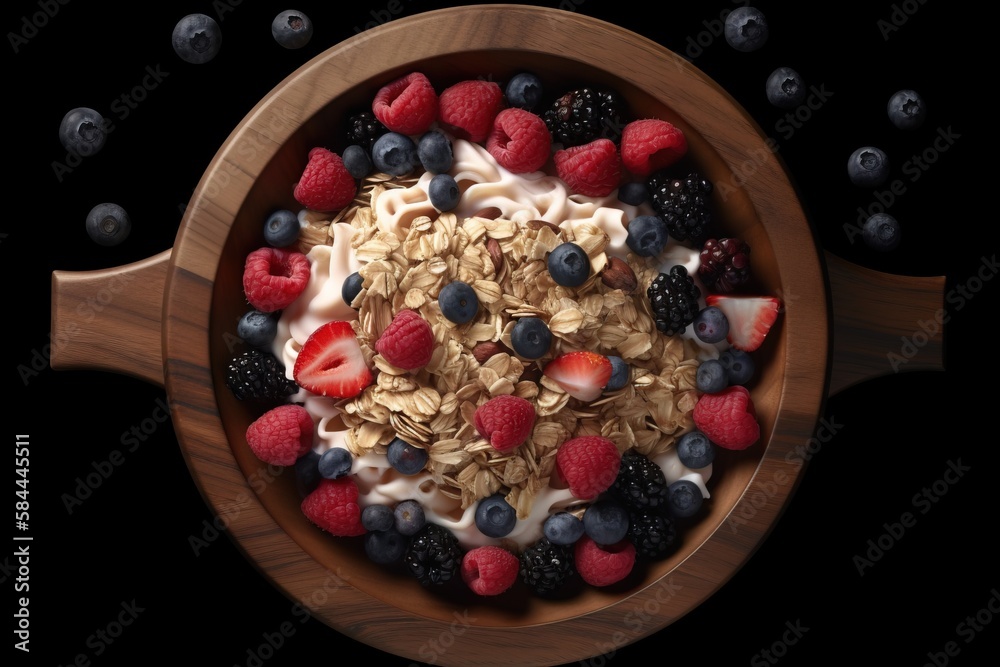  a bowl of granola with berries, blueberries, raspberries, and strawberries in it on a black backgro