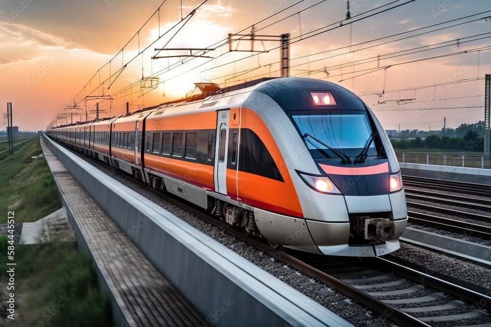  a train traveling down train tracks next to a lush green field at sunset with the sun shining on th