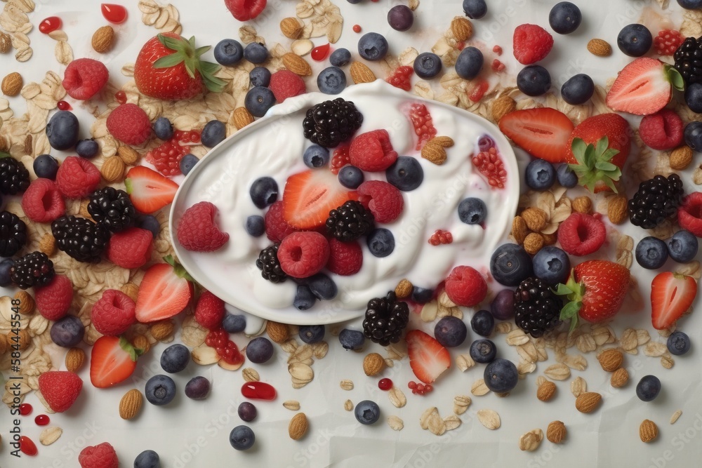  a bowl of yogurt with berries, almonds, blueberries, and strawberries on top of a bed of granola.  