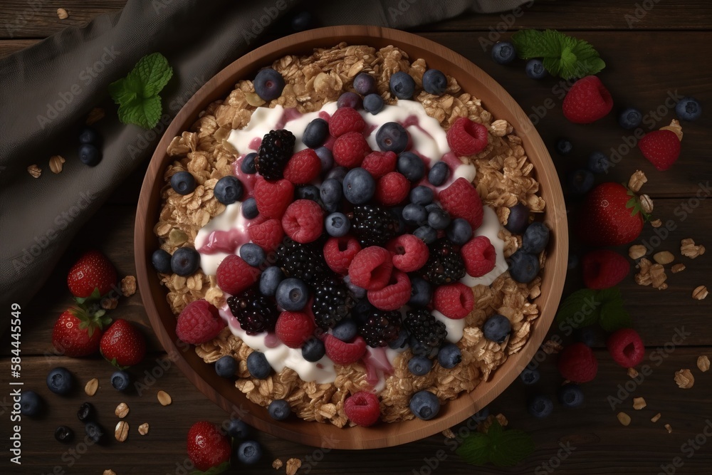  a bowl of granola with berries and yogurt on a wooden table next to a cloth and a spoon with berrie