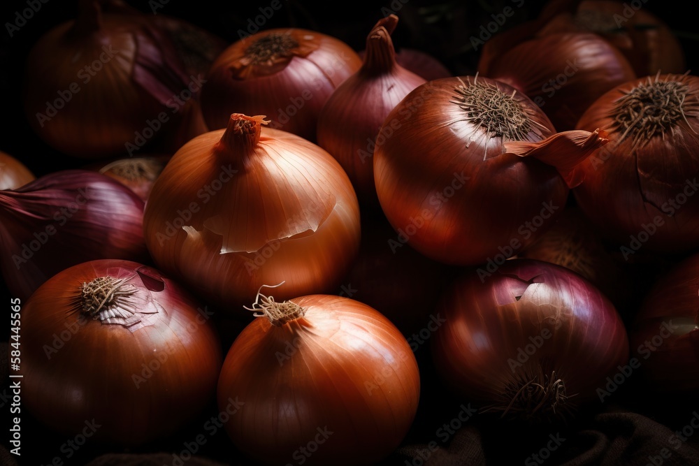  a pile of onions sitting next to each other on top of a cloth covered tablecloth, with one onion st