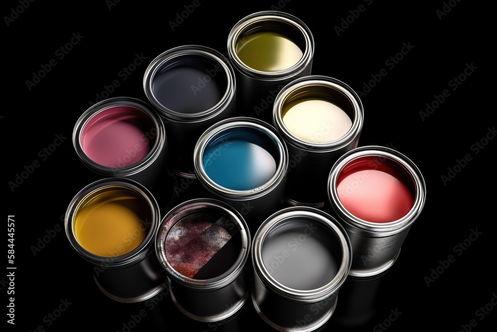  a group of paint cans with different colors of paint in them on a black background with a reflectio