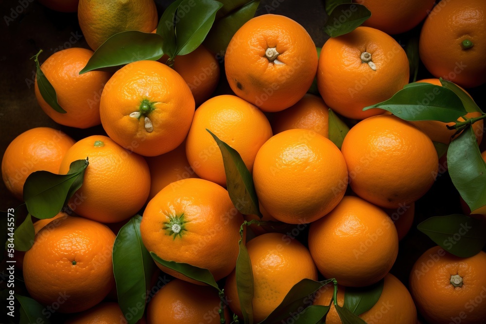  a pile of oranges with green leaves on top of them and one orange on the top of the pile of oranges