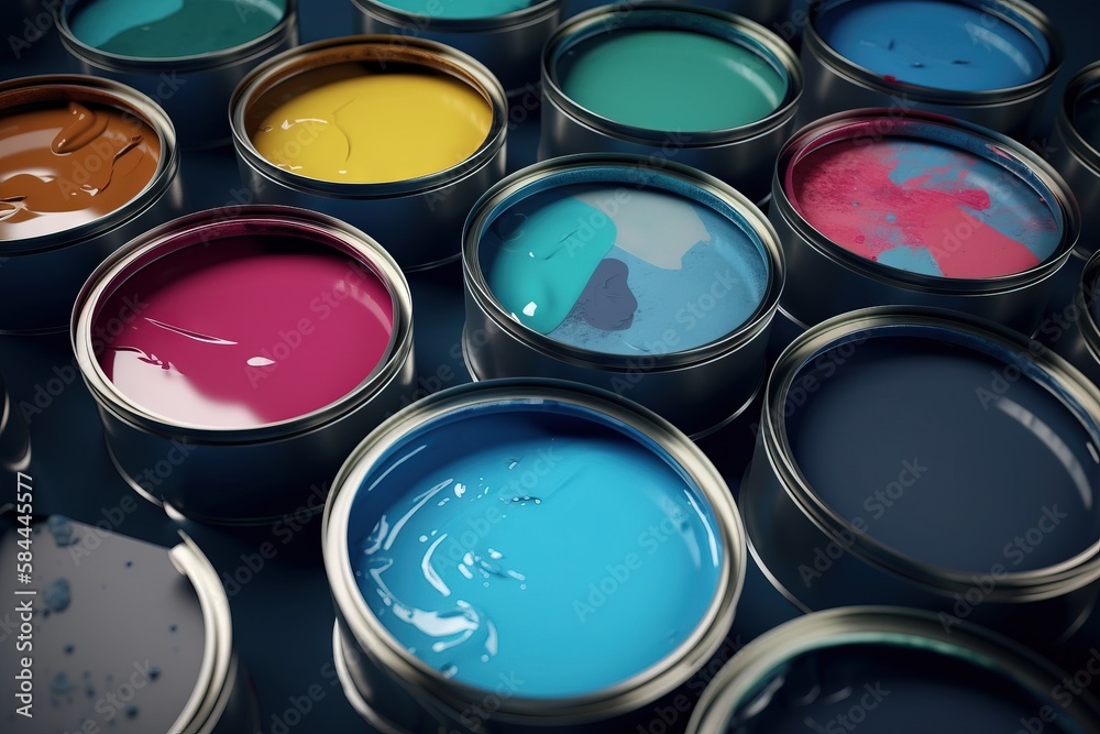  a group of paint cans with different colors of paint in them on a black surface with a black backgr