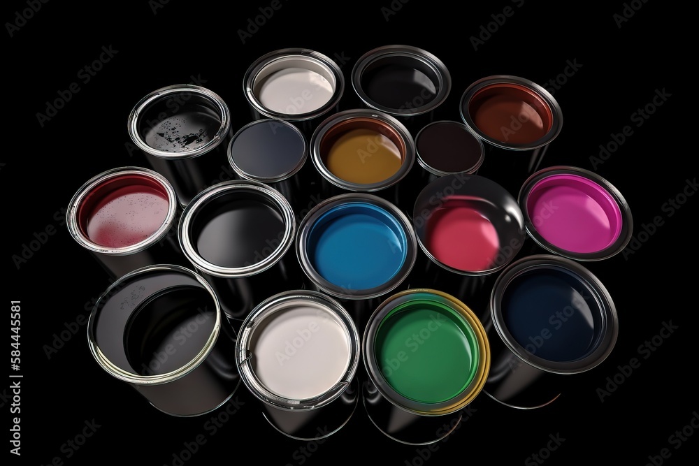  a group of paint cans filled with different colors of paint on a black background with a reflection