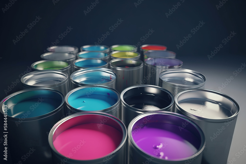  a group of paint cans with different colors of paint in them on a dark background with a black back