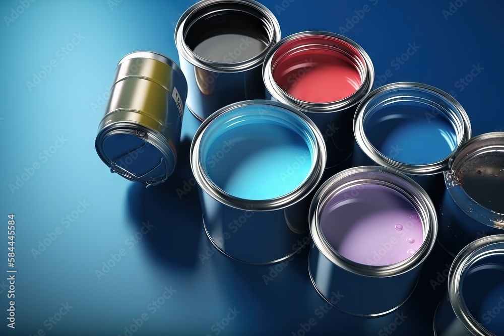  a group of paint cans sitting on top of a blue floor next to a blue wall and a blue floor with a bl