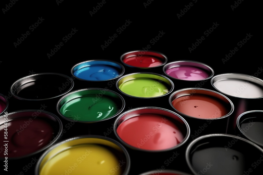  a group of paint cans sitting on top of a black table with different colors of paint in them on the