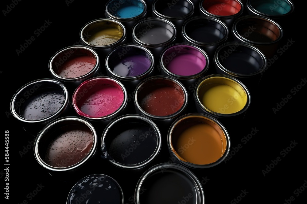  a group of paint cans with different colors of paint in them on a black surface with a reflection o