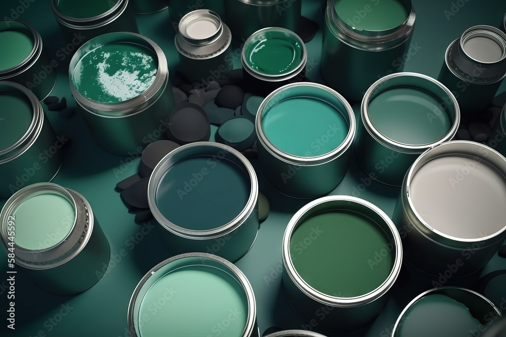  a group of green paint cans with a white top and a green bottom one of the cans is full of green pa