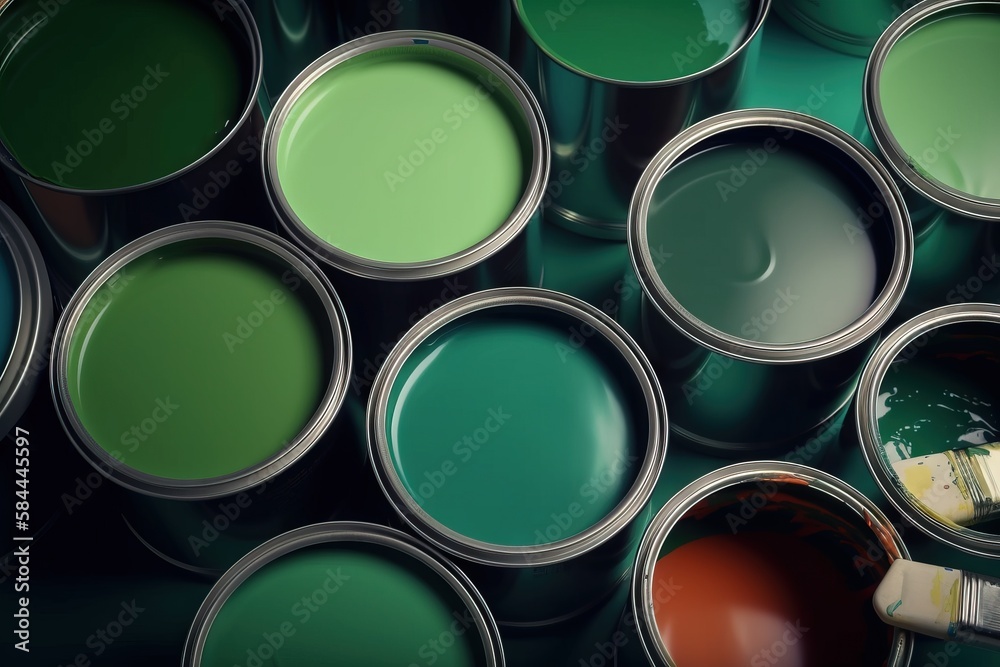  a group of paint cans with a paintbrush in one of them and a paint can in the other with a paintbru