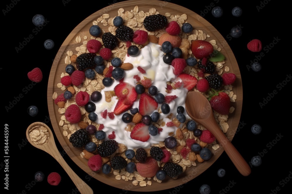  a bowl filled with fruit and yogurt next to a spoon and a wooden spoon on a black surface with scat