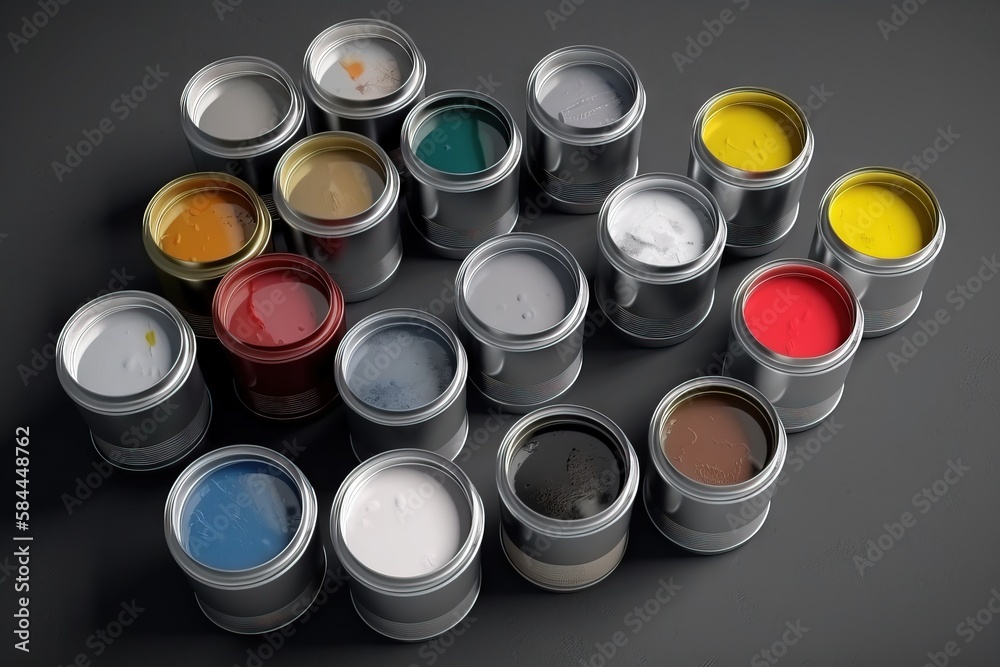  a group of paint cans with different colors of paint in them on a black surface with a shadow of th