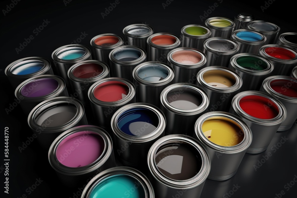  a group of paint cans with different colors of paint in them on a black background with a reflectio