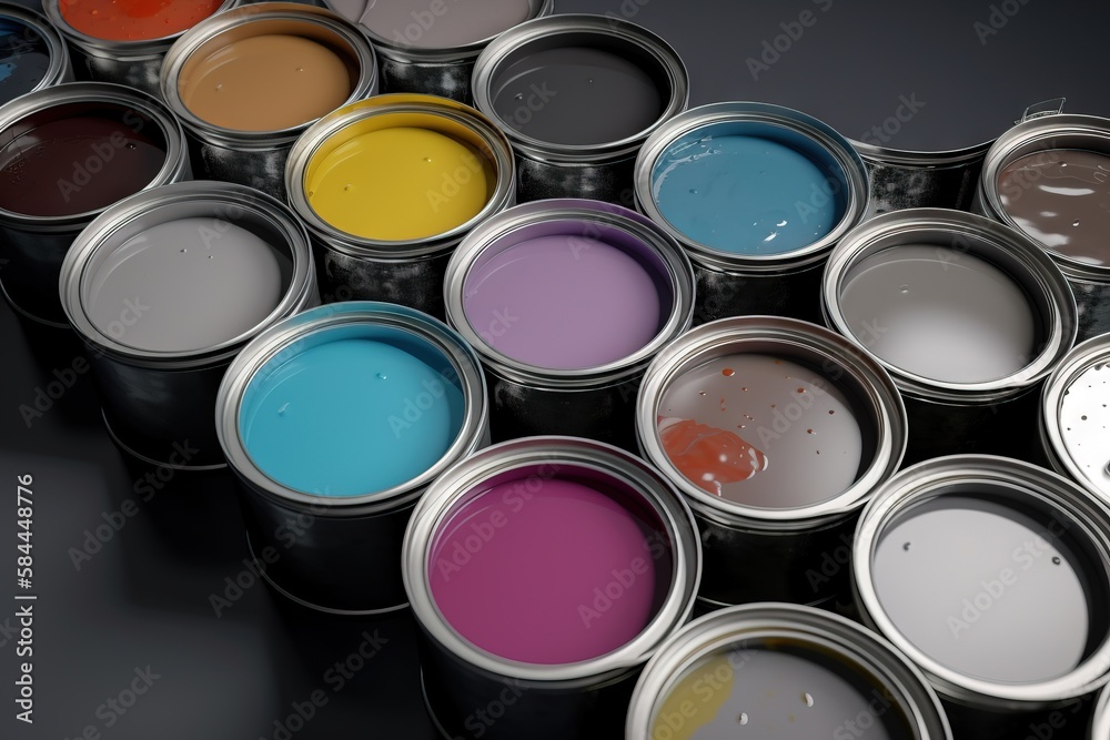  a group of paint cans with different colors of paint in them on a black surface with a black backgr